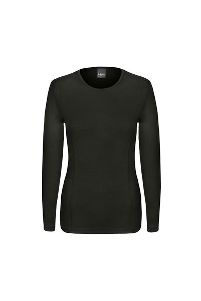 Fine, super comfy, pure merino wool long sleeve crew neck top in black. Takes you from office to evening Great baselayer and terrific Christmas present for the woman in your life.